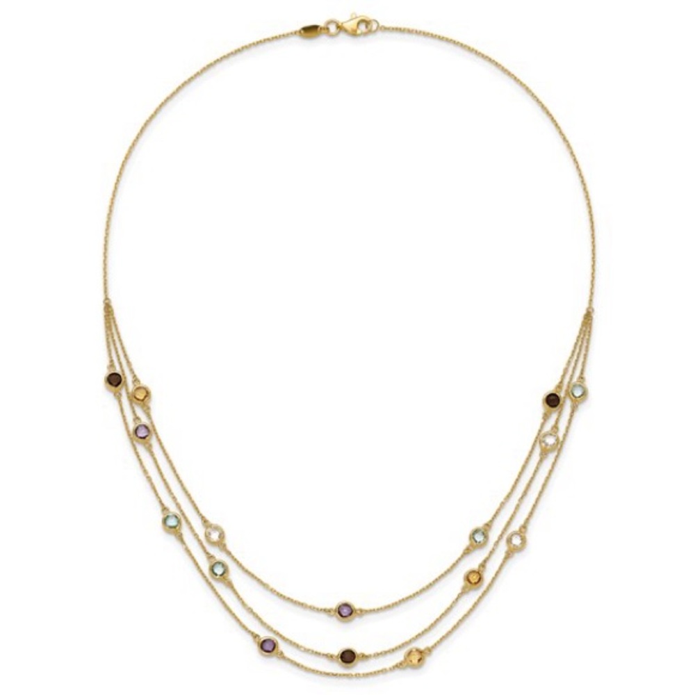 14K Yellow Gold Multi-Gemstone 3-Strand Necklace – Amethyst, Topaz, Citrine